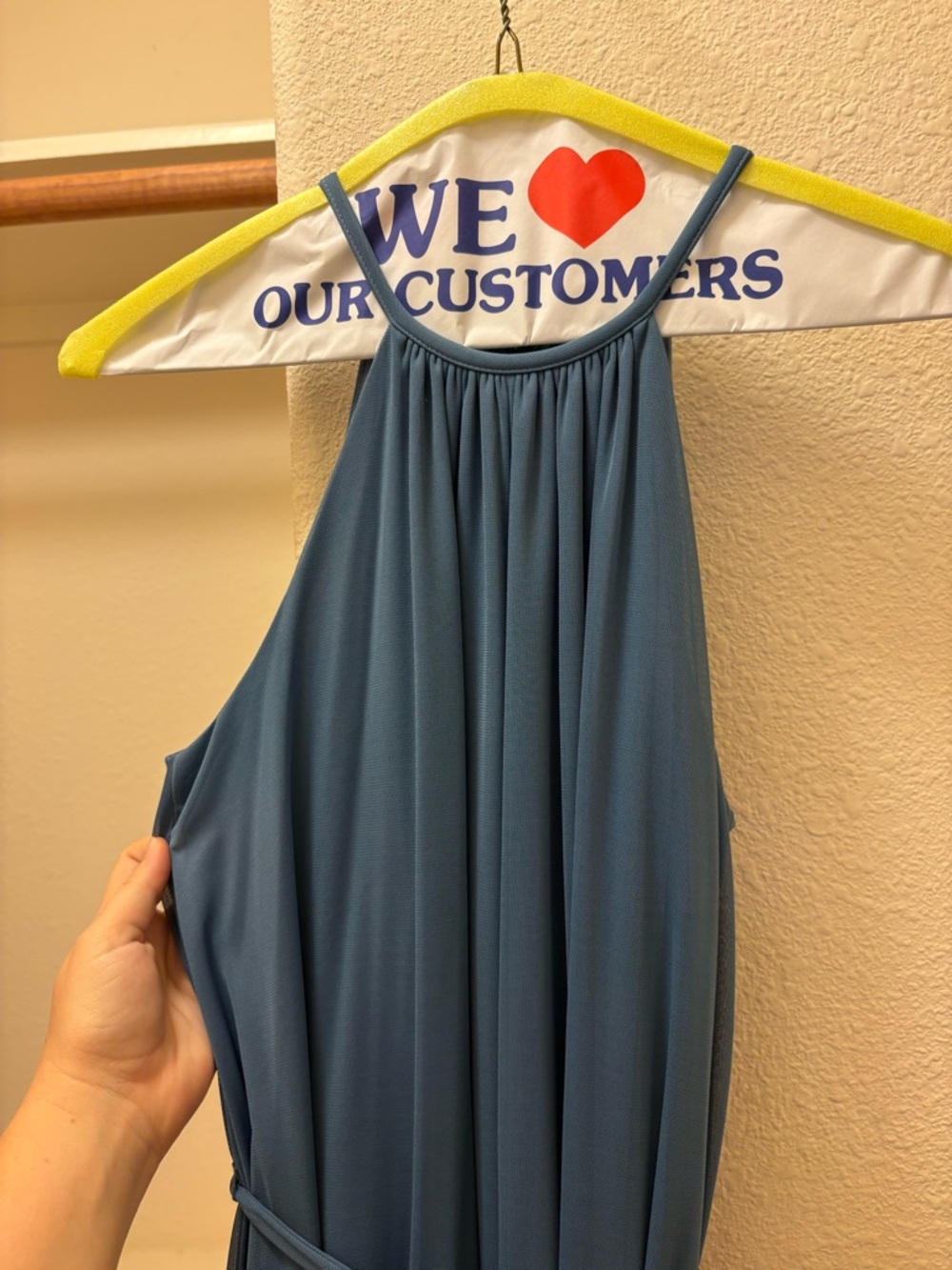 David's Bridal Slate Blue Halter Bridesmaid Dress